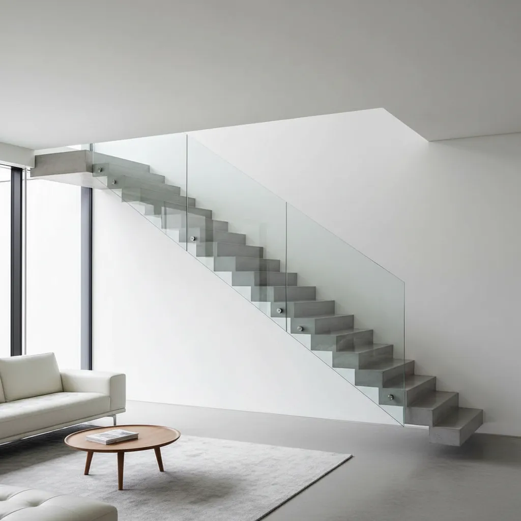 Escalera flotante de concreto en una casa moderna