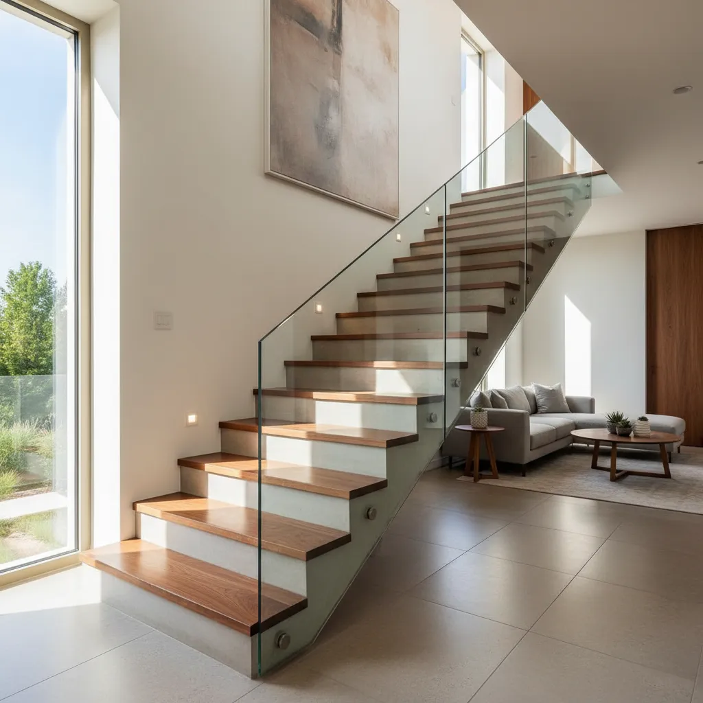 Escalera de concreto con peldaños de madera