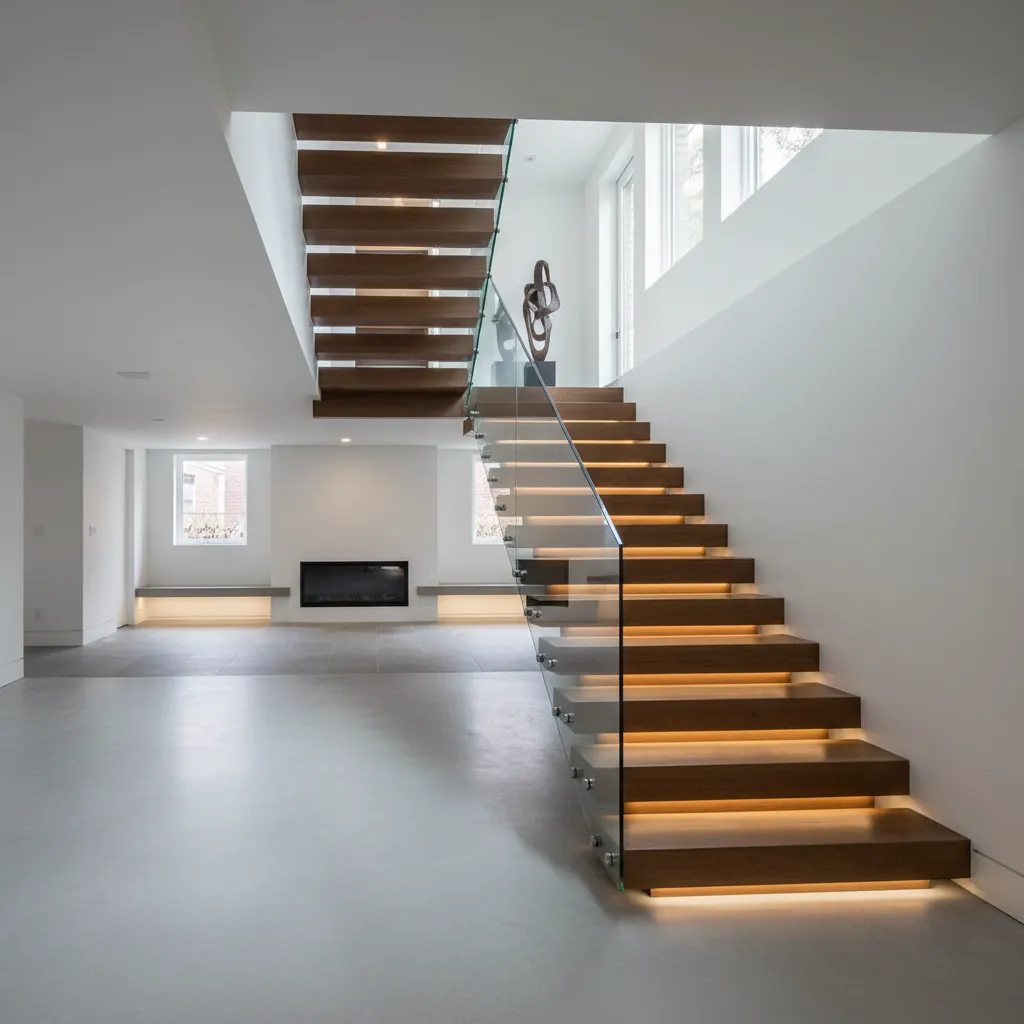 Escalera interior conectando el garaje del sótano con la vivienda