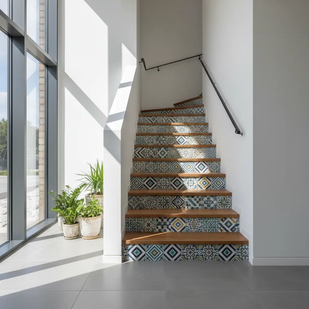Escalera con contrahuellas decoradas con patrones geométricos
