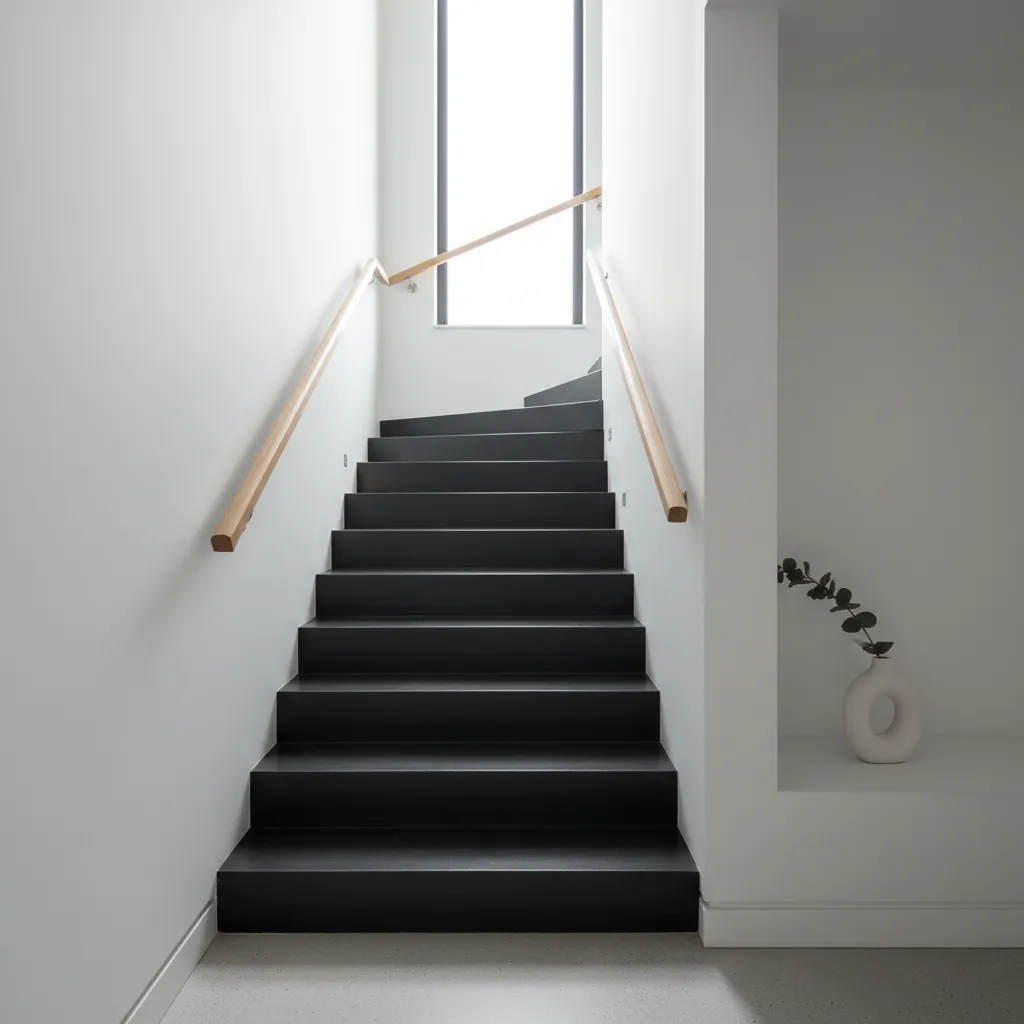 Escalera interior con peldaños oscuros y contrahuellas blancas