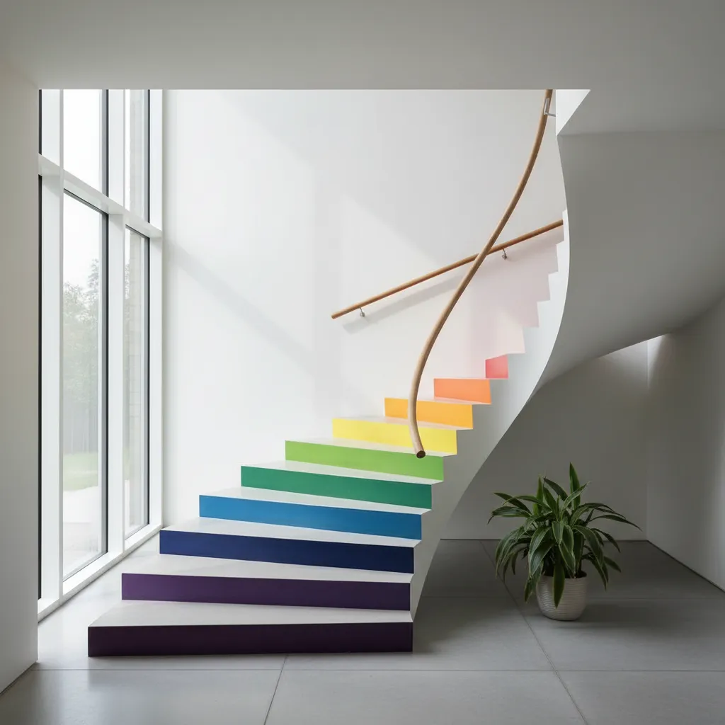 Escalera interior con peldaños pintados en degradado de color