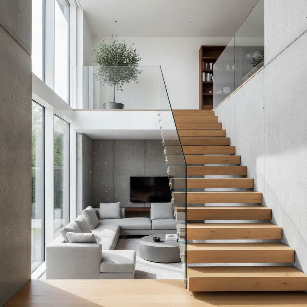 Escalera moderna conectando planta baja con segunda planta en una casa contemporánea