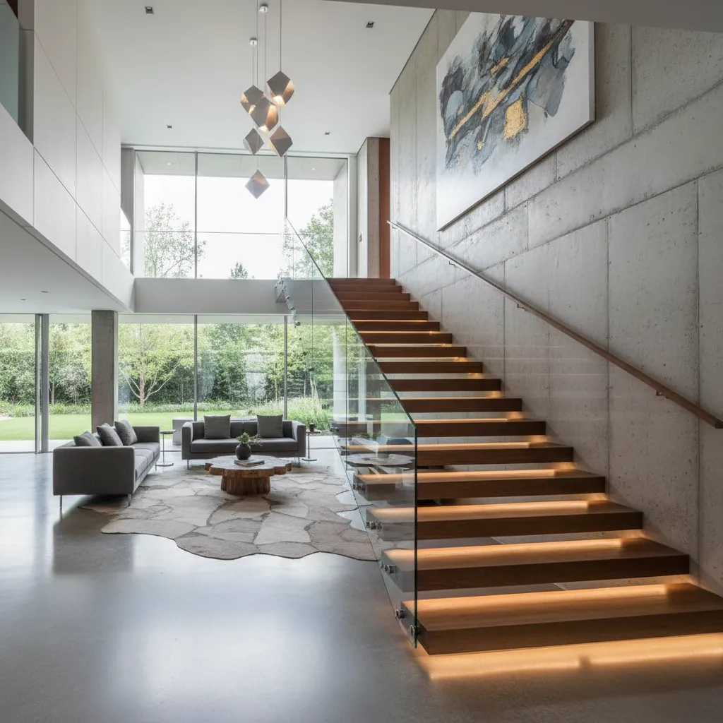 Large living room with wooden stairs and lights grey sofas concrete walls and ceiling light