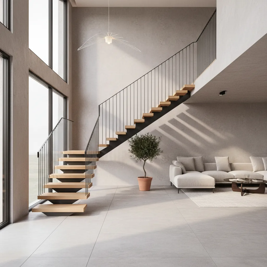 Escalera conectando planta baja con segunda planta en diseño moderno