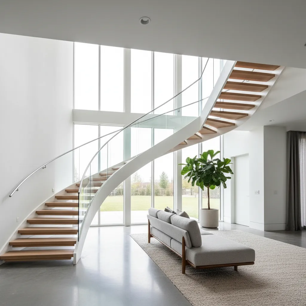 Escalera moderna integrada en espacio de doble altura