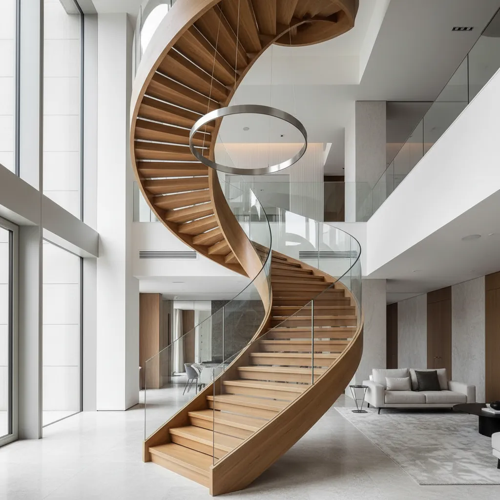 Escalera escultórica moderna como elemento central del interior