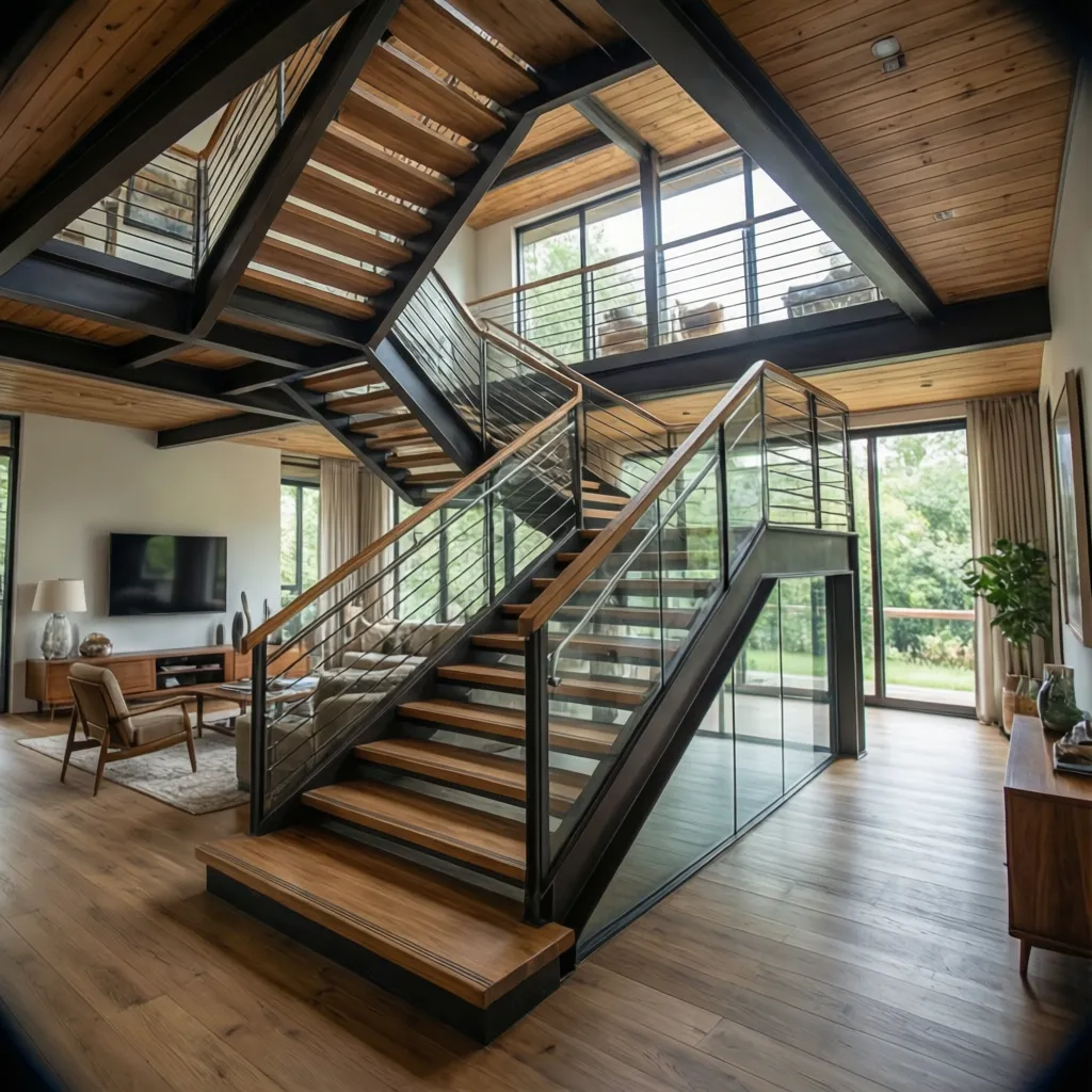 Escalera interior utilizada como elemento central de diseño en salón moderno