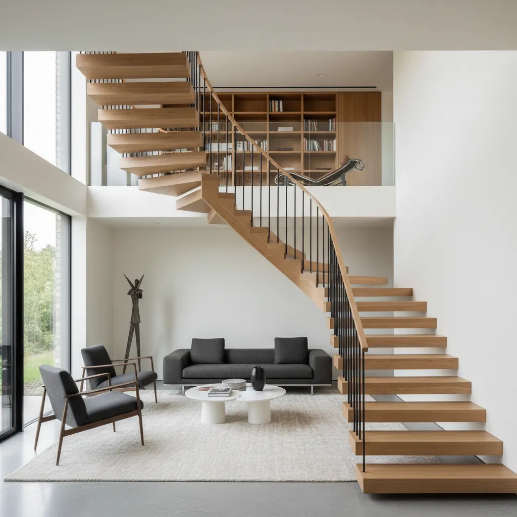 Escalera moderna que conecta el salón con un entrepiso