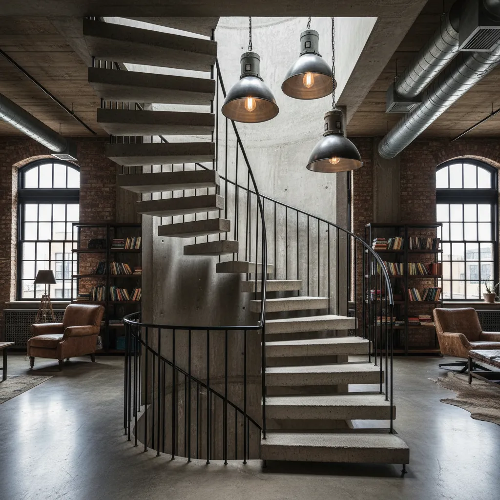 Escalera de cemento con barandilla metálica estilo industrial