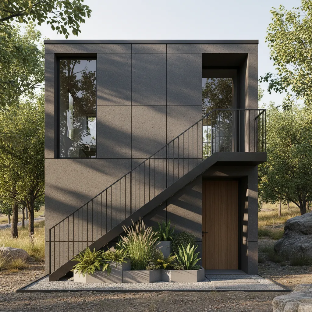 Escalera exterior ligera integrada en fachada pequeña