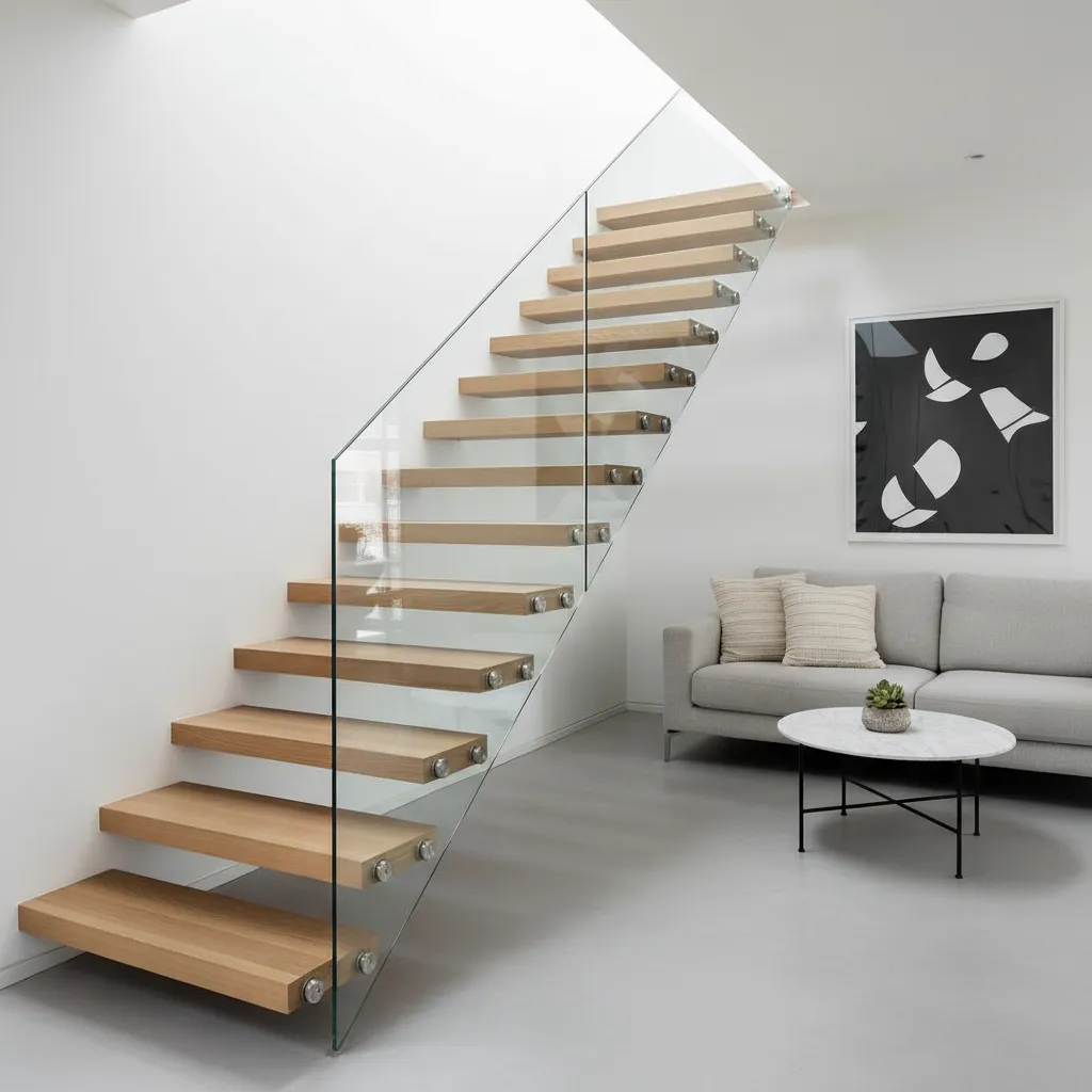Escalera flotante de madera en una vivienda pequeña con diseño moderno