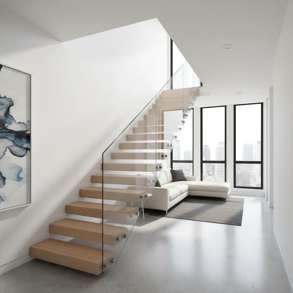 Escalera flotante moderna con peldaños de madera y barandilla de vidrio