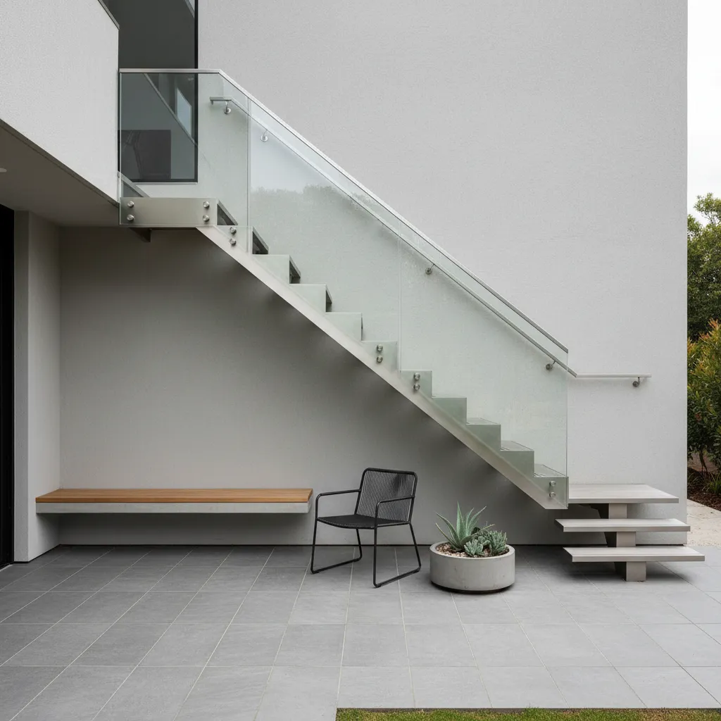 Modern outdoor floating stairs with glass railing above grey patio tiles and black metal sitting chair