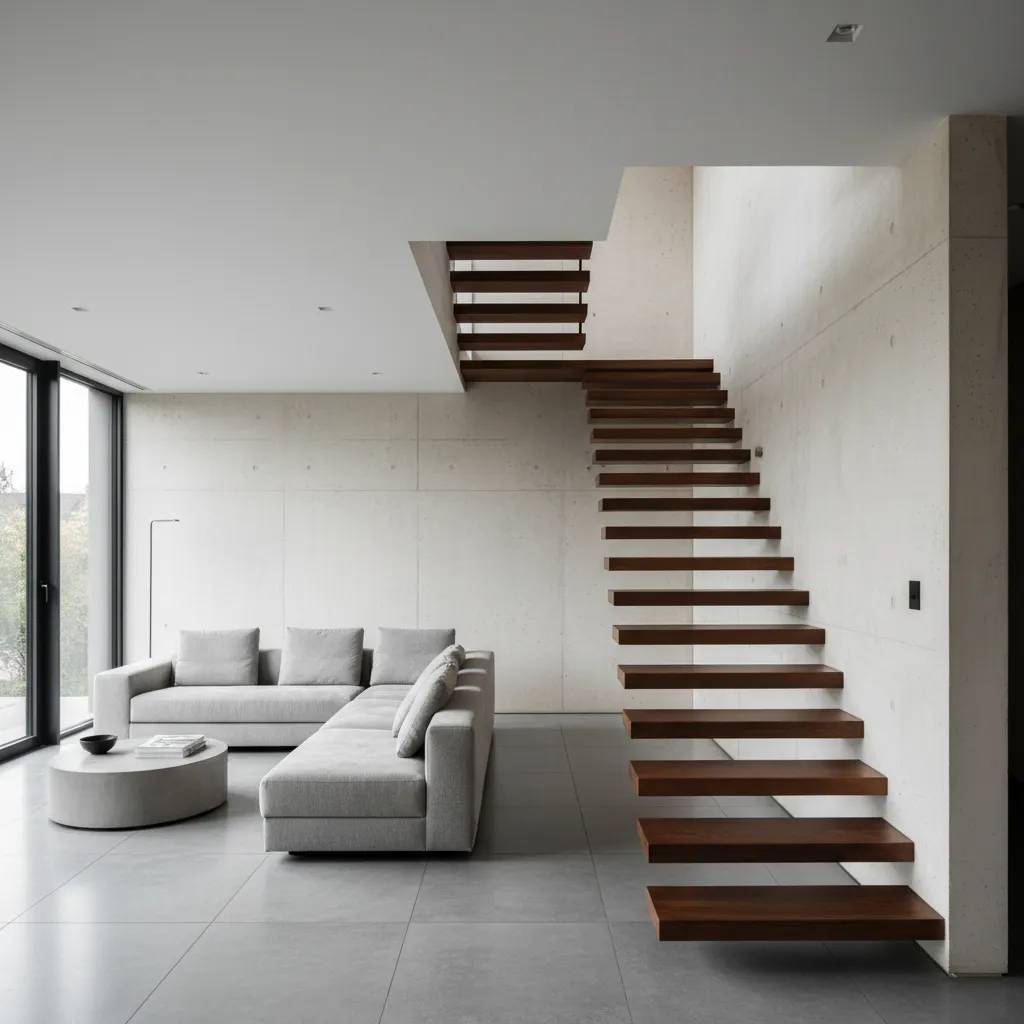 Escalera flotante moderna en un salón luminoso