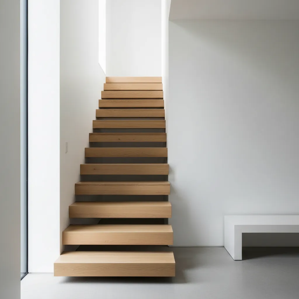 Escalera flotante con peldaños de madera en interior minimalista