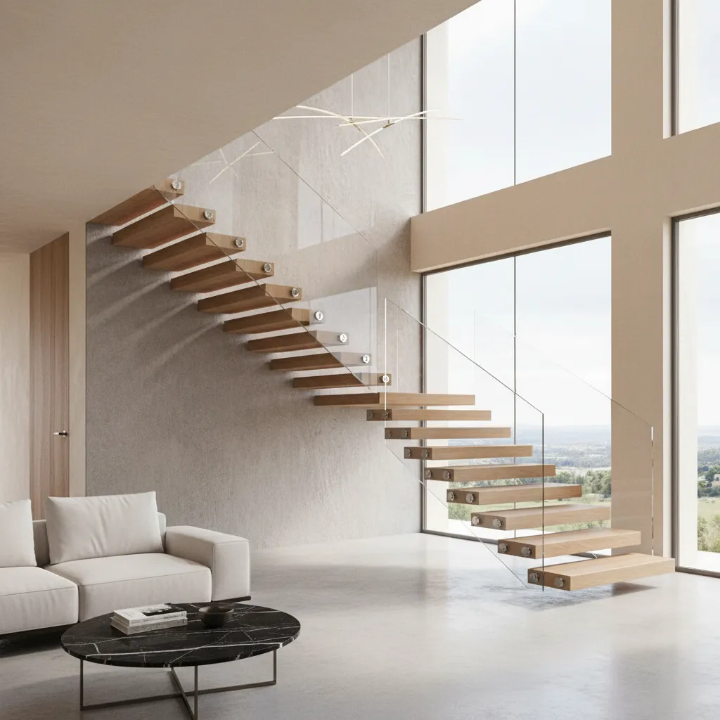 Escalera flotante de madera con barandilla de vidrio