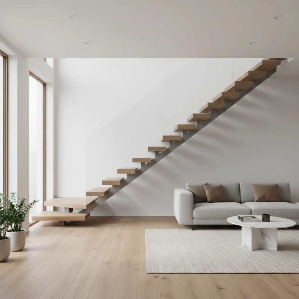 Escalera flotante moderna con peldaños de madera y estructura minimalista