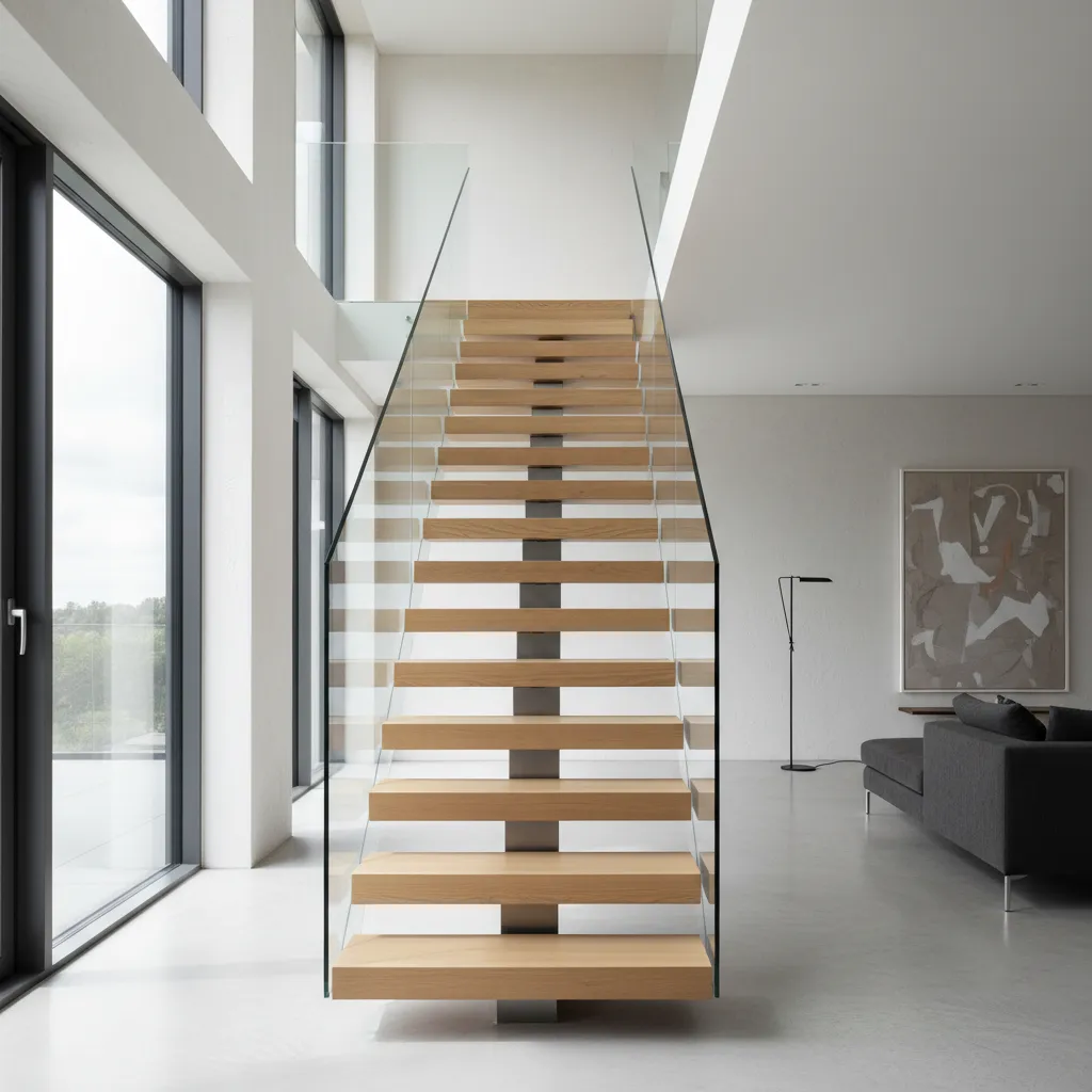 Escalera flotante moderna con peldaños de madera y barandilla de vidrio