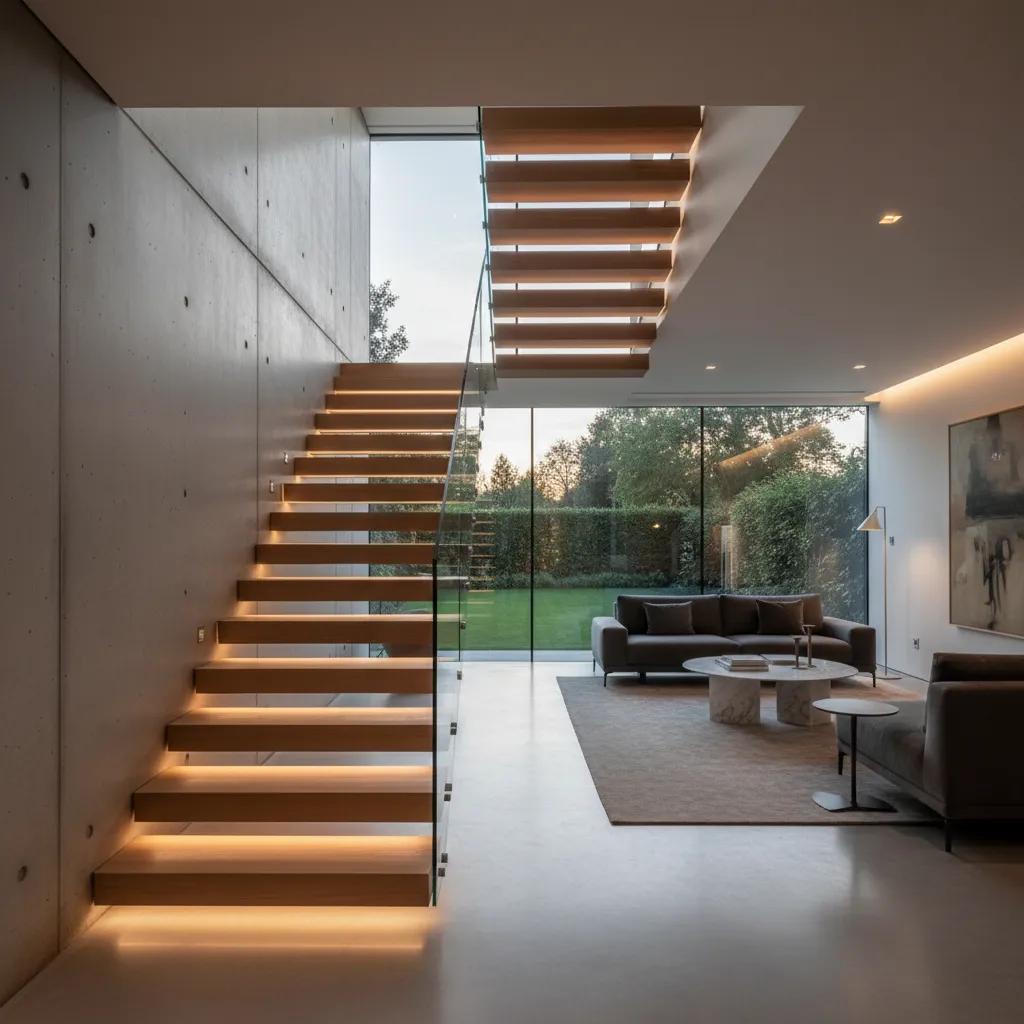 Modern living room with floating wooden stairs having lights under steps near large garden windows