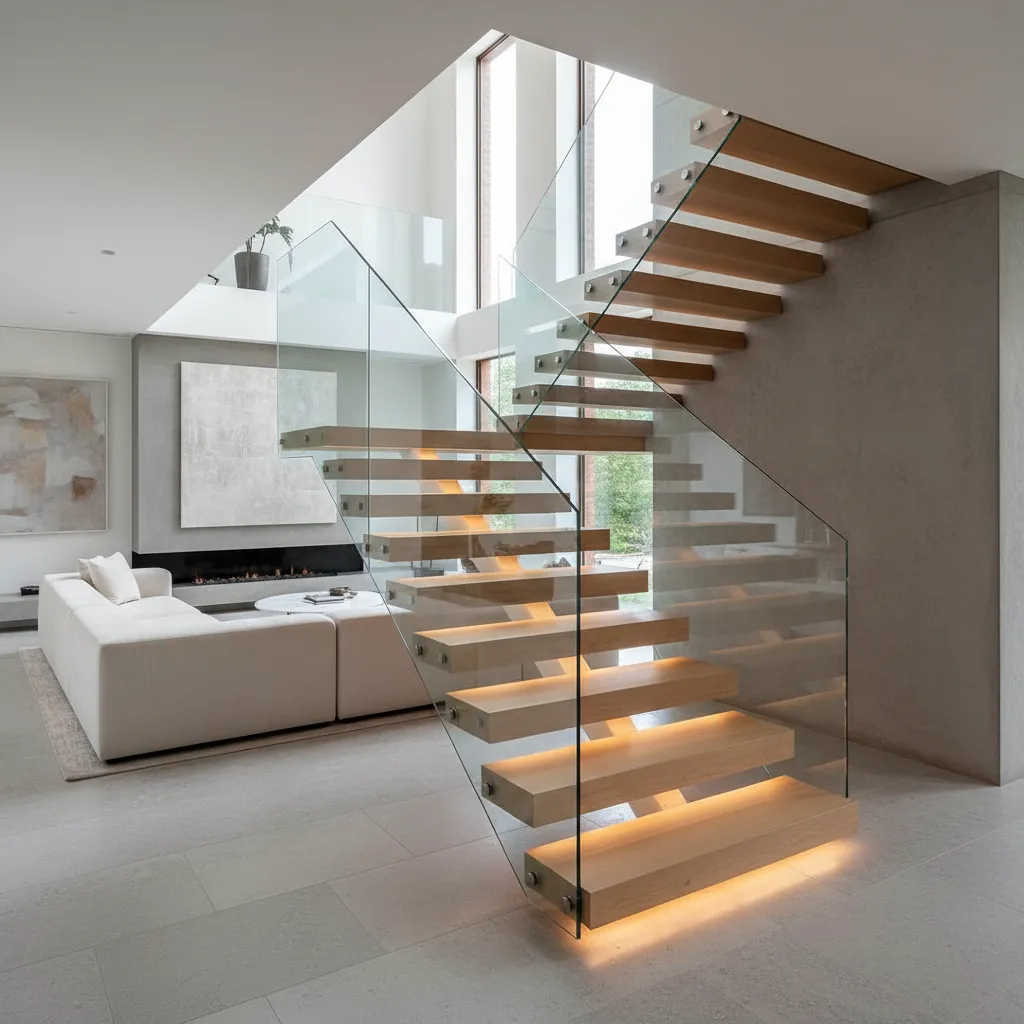Escalera flotante moderna con estructura oculta en una vivienda contemporánea