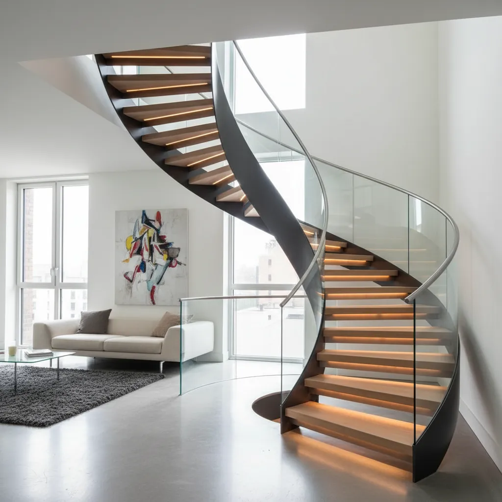 Escalera helicoidal moderna en un interior contemporáneo