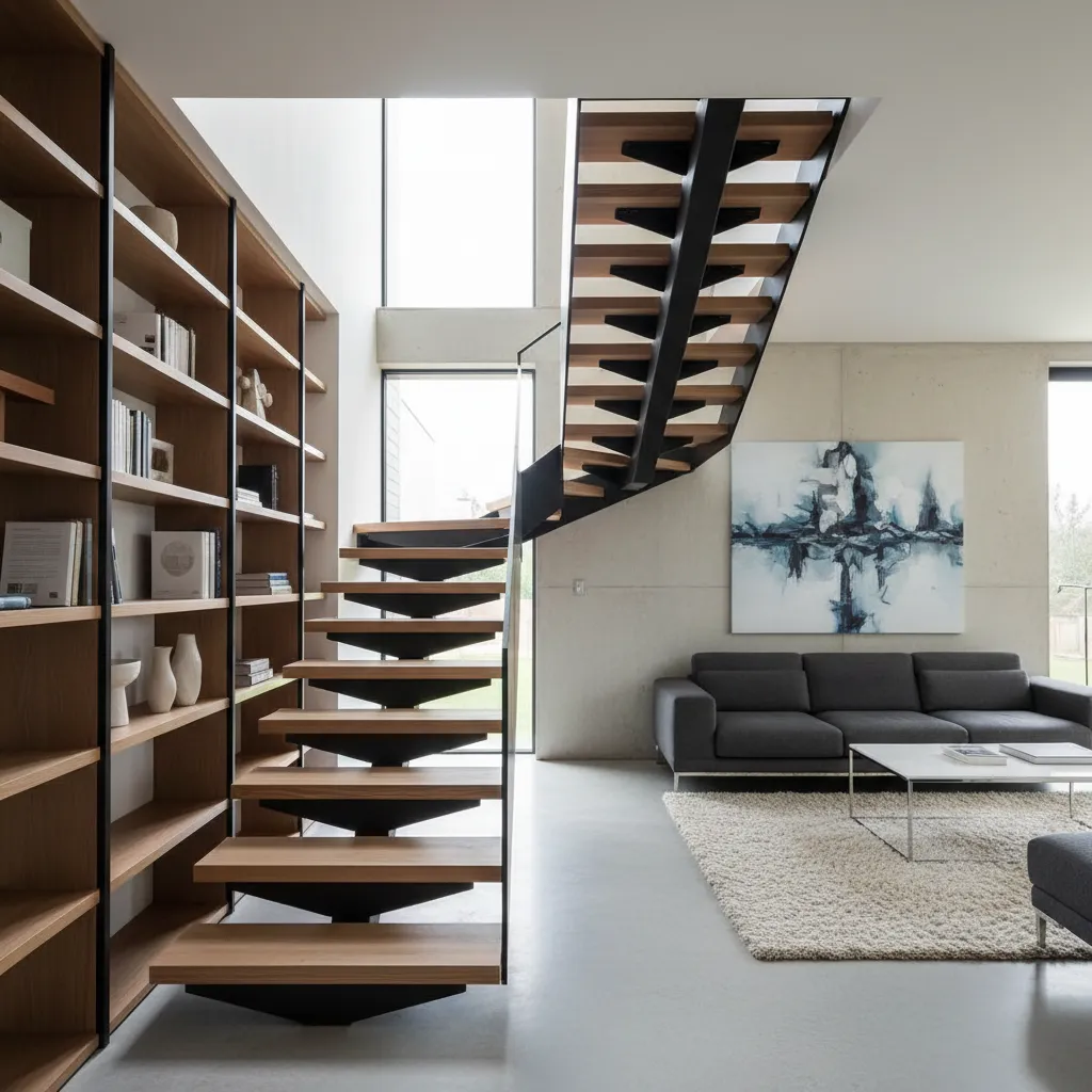 Escalera flotante de herrería con peldaños suspendidos en un salón moderno