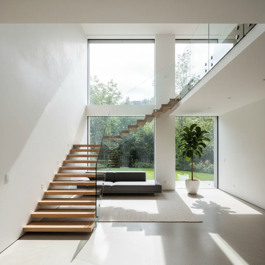 Modern living room with wooden stairs glass railing grey sofa large windows and potted green plant