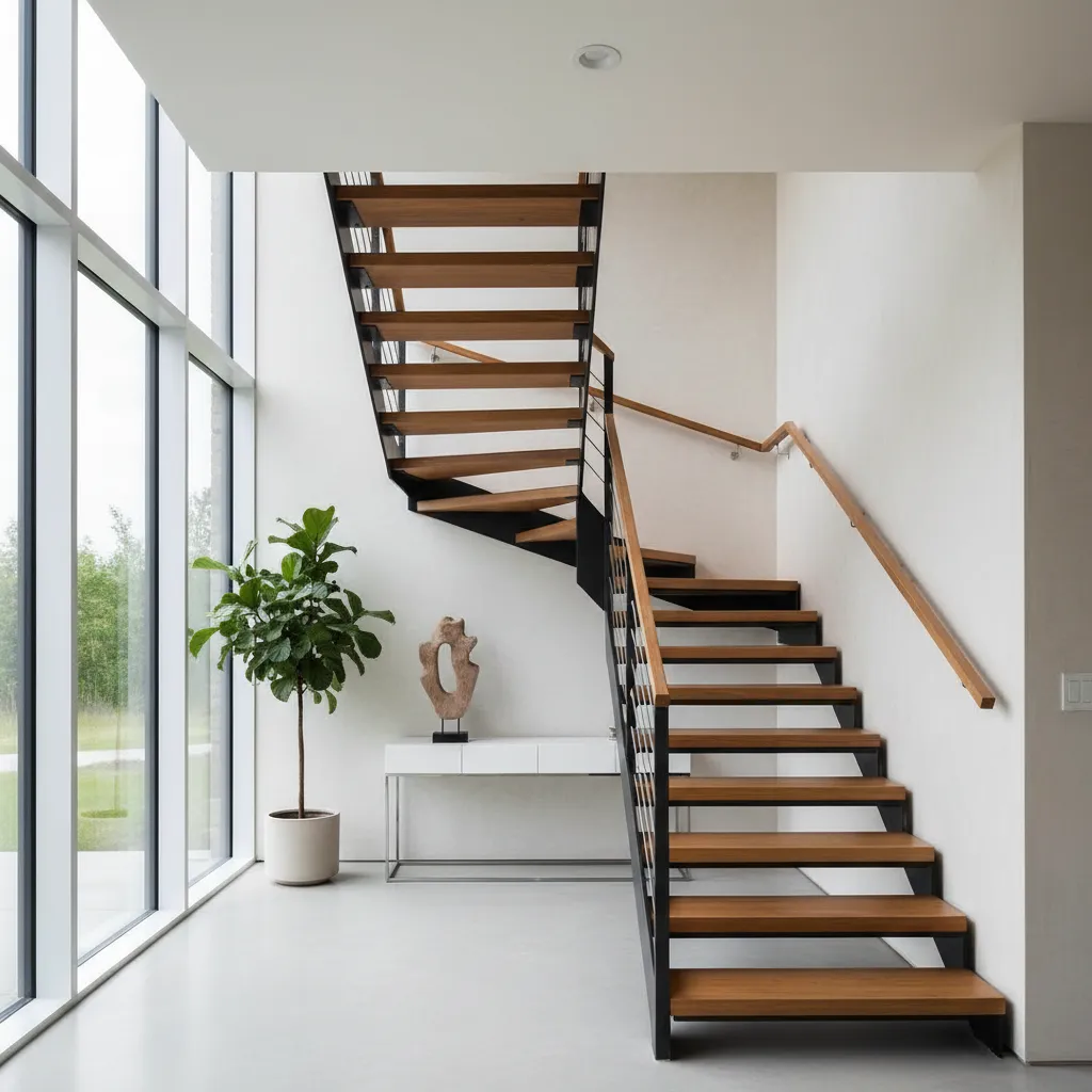 Escalera moderna conectando dos plantas en una vivienda contemporánea