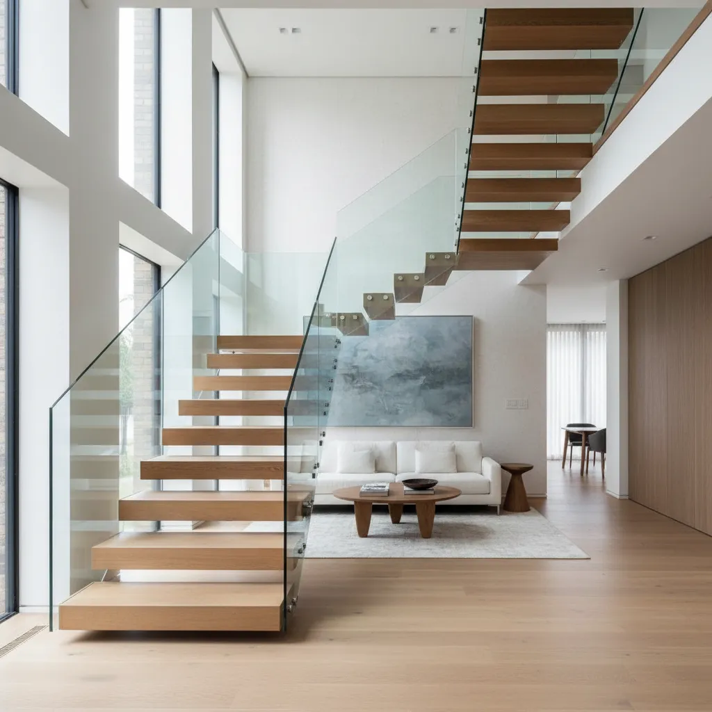 Wooden stairs with glass railings in bright living room with white sofa and coffee table