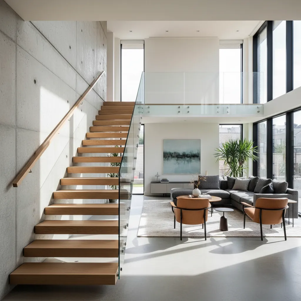 Modern living room with wooden stairs glass railing grey sofa orange chairs and large windows