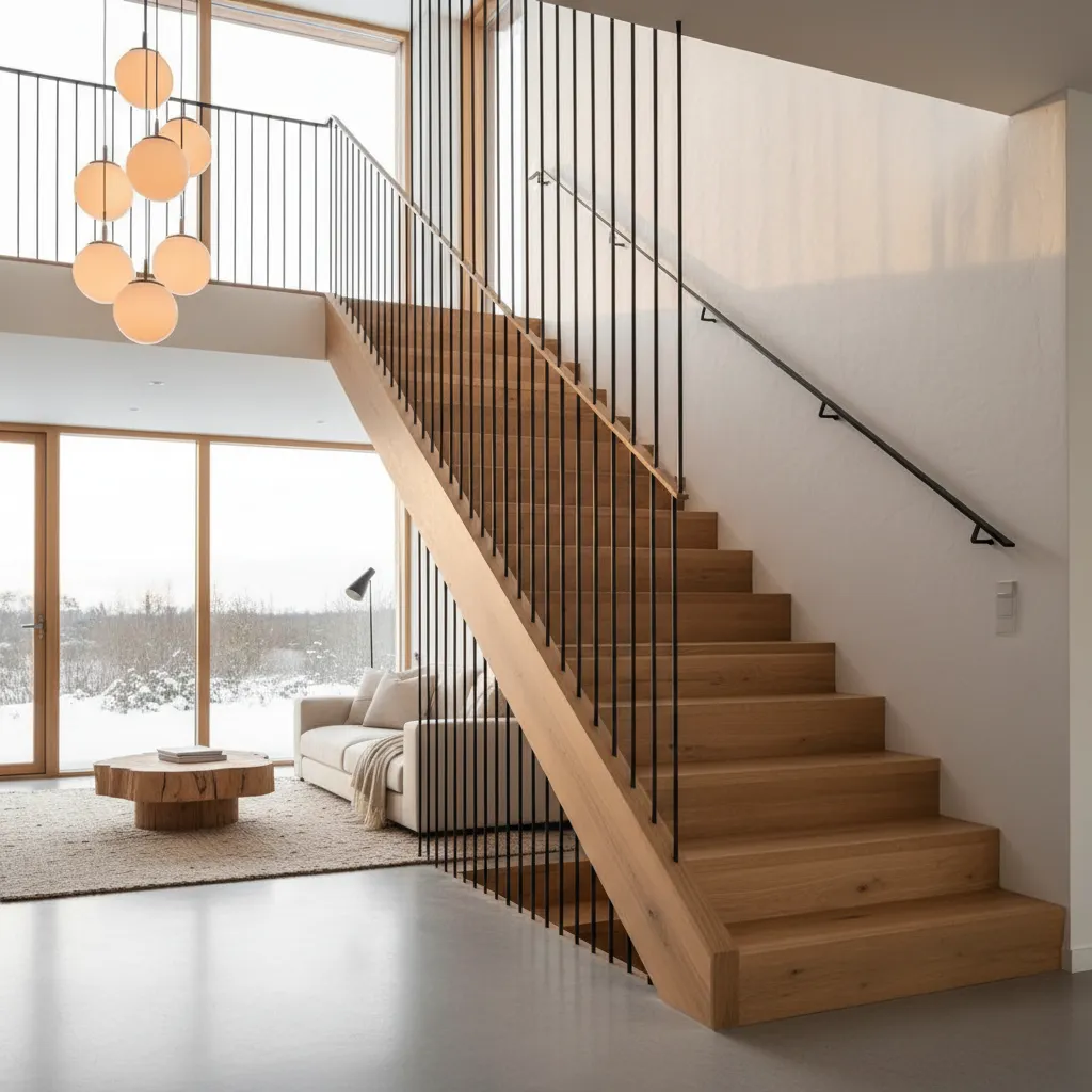 Escalera interior de madera en casa moderna de dos plantas