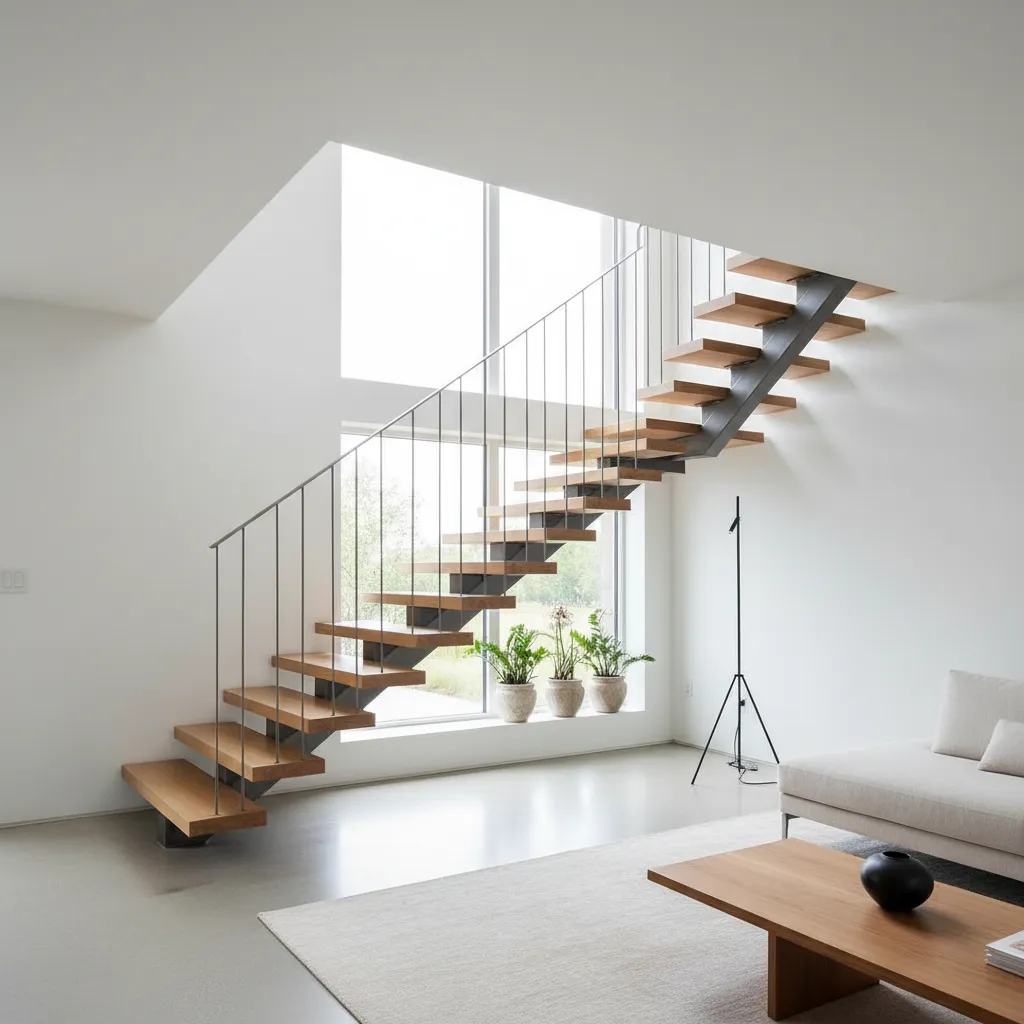 Escalera moderna en el interior de una casa de dos plantas