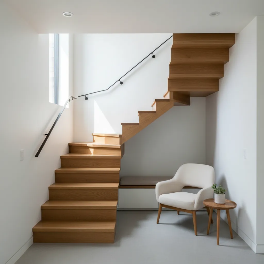 Escalera en forma de L optimizando una esquina en una vivienda pequeña