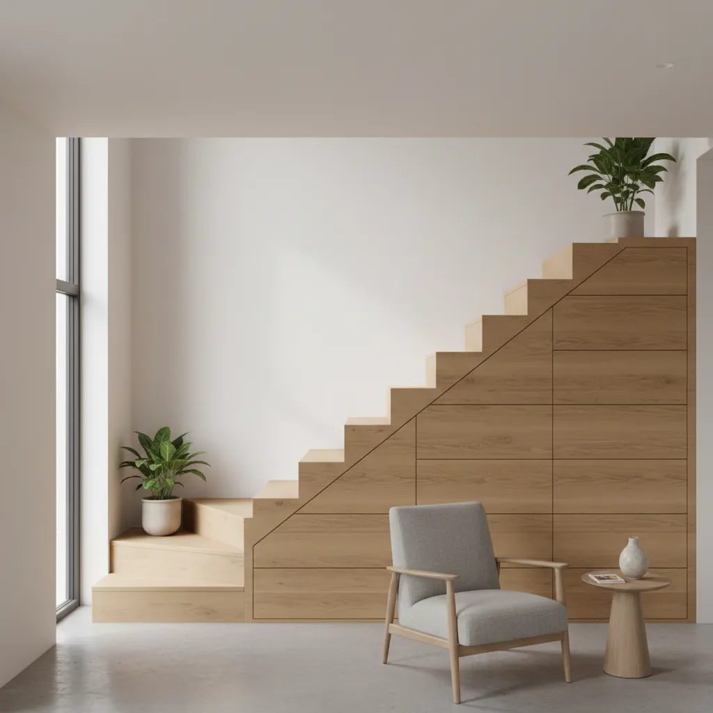 Escalera de madera con almacenamiento integrado debajo