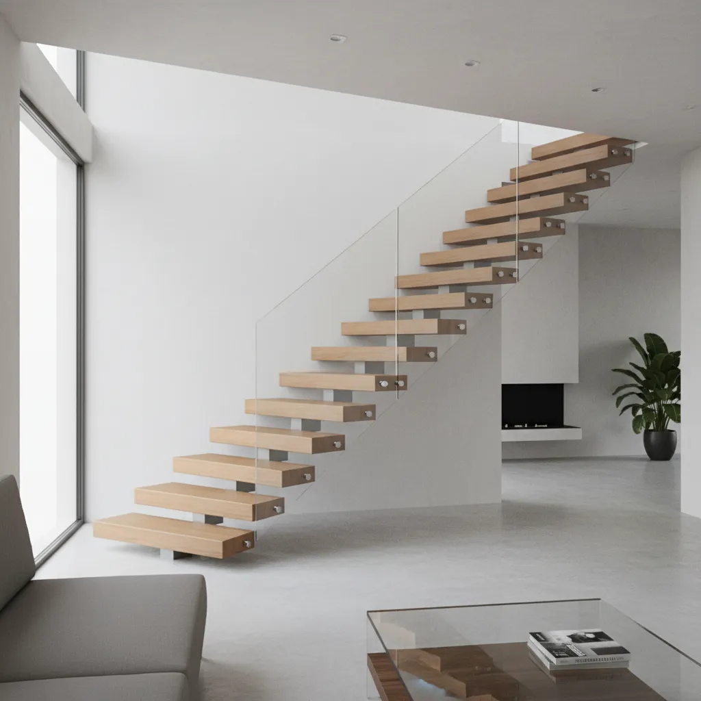 Escalera flotante de madera en interior moderno