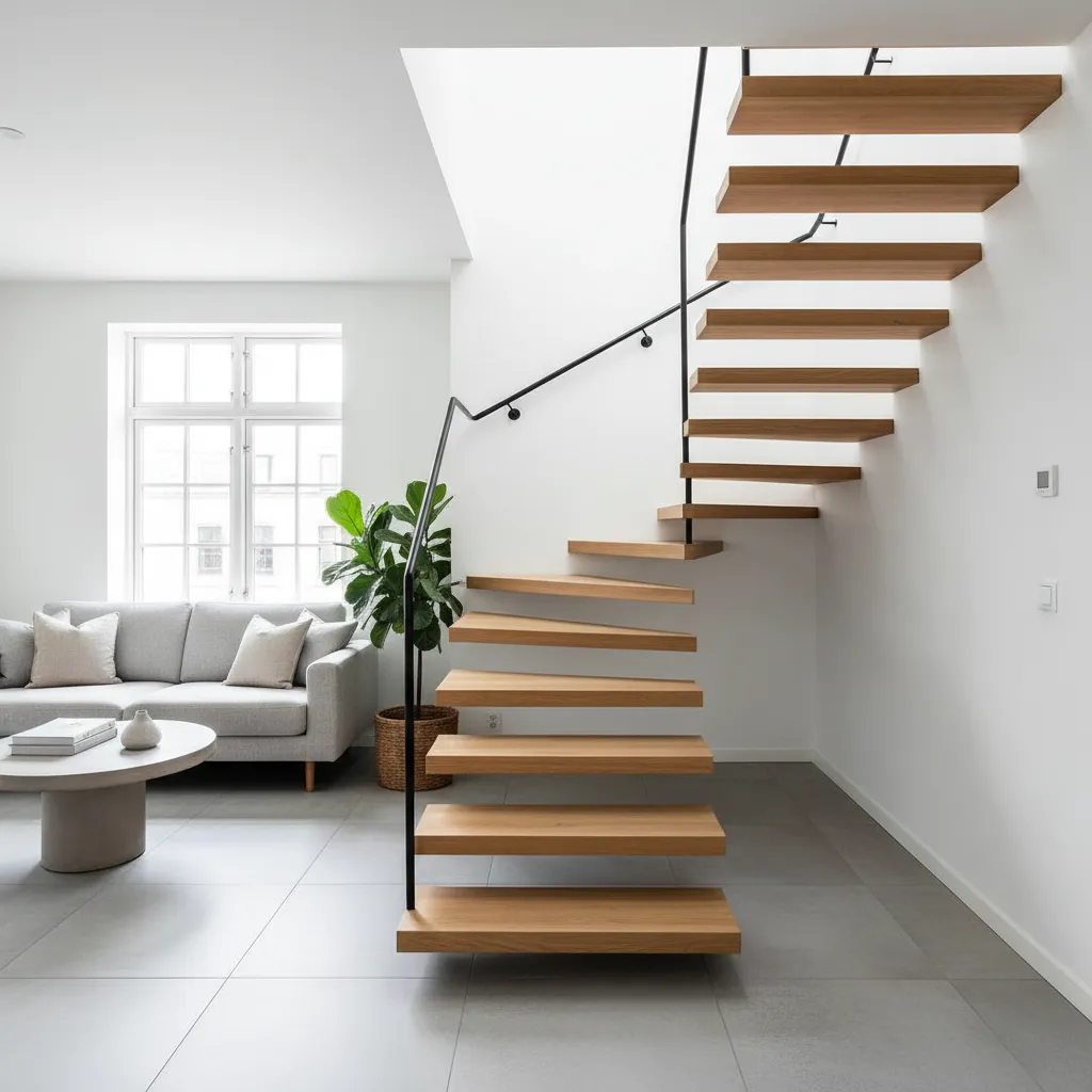 Escalera flotante de madera en un salón pequeño