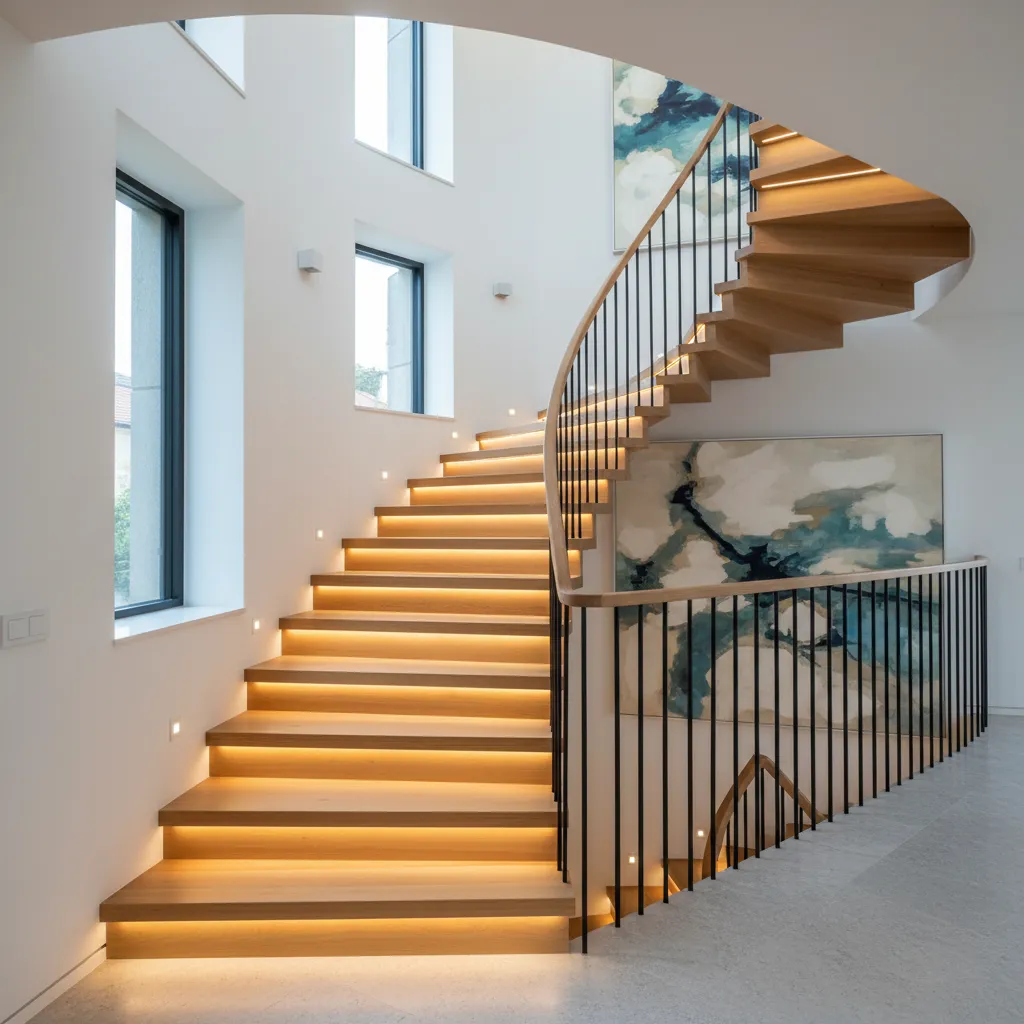 Escalera de madera con iluminación LED integrada en los peldaños