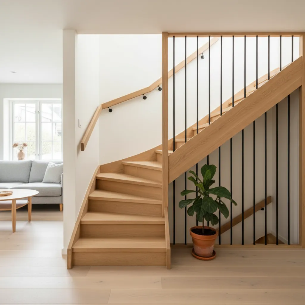 Escalera de madera en forma de L en una vivienda pequeña