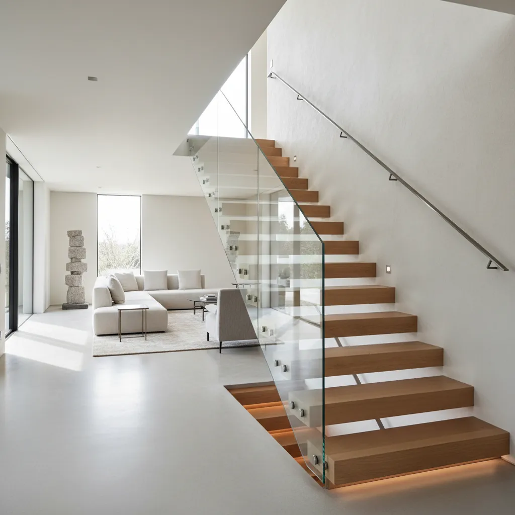 Escalera interior con peldaños de madera y barandilla de vidrio