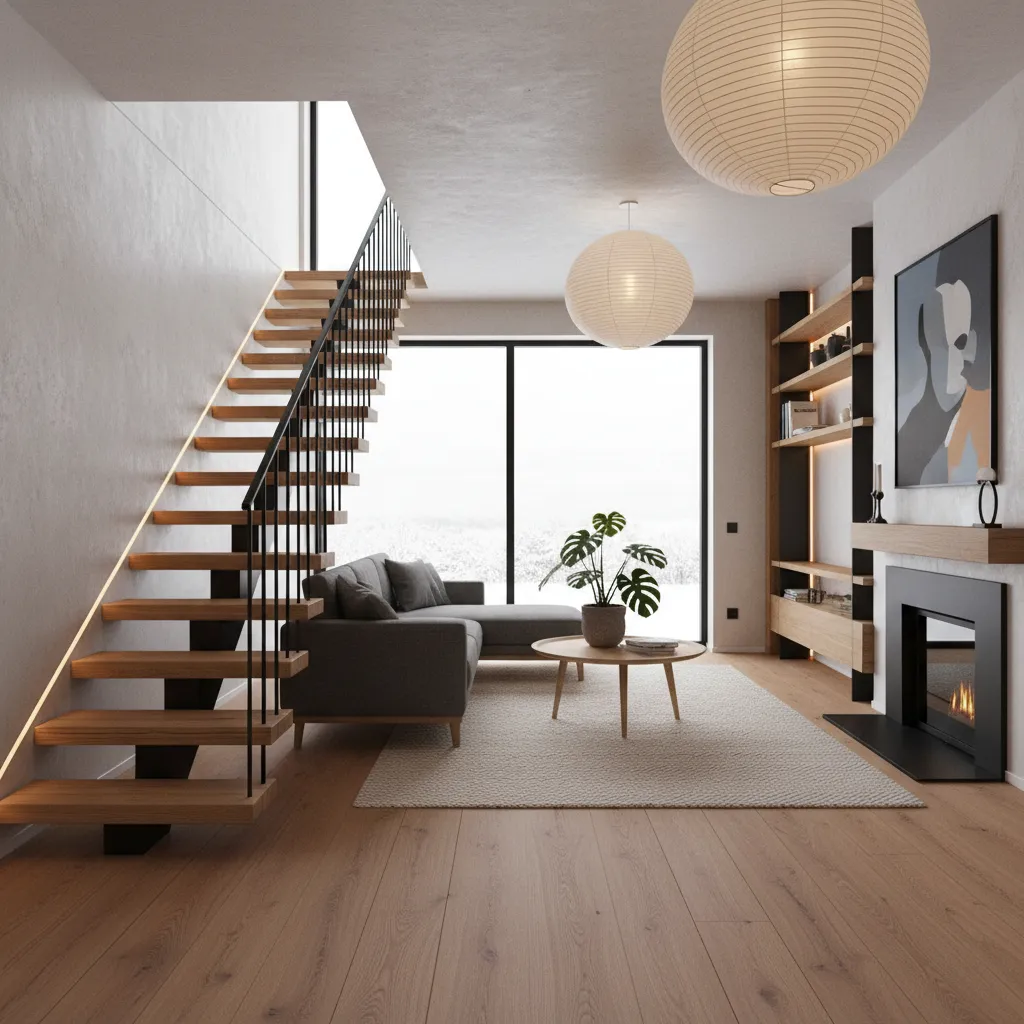 Escalera metálica combinada con madera en un salón moderno