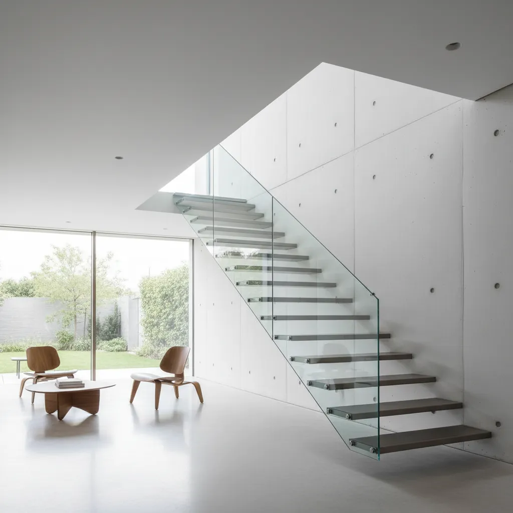 Escalera metálica flotante instalada junto a un muro estructural