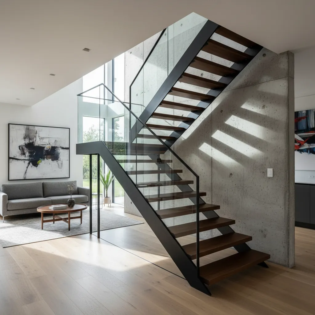 Escalera interior de herrería en forma de L con barandilla metálica