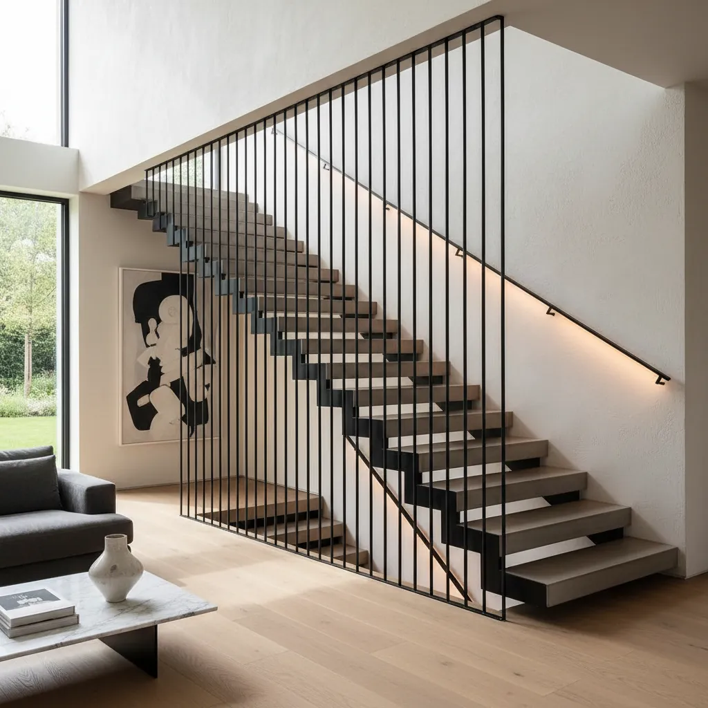 Escalera moderna de herrería con barandilla minimalista
