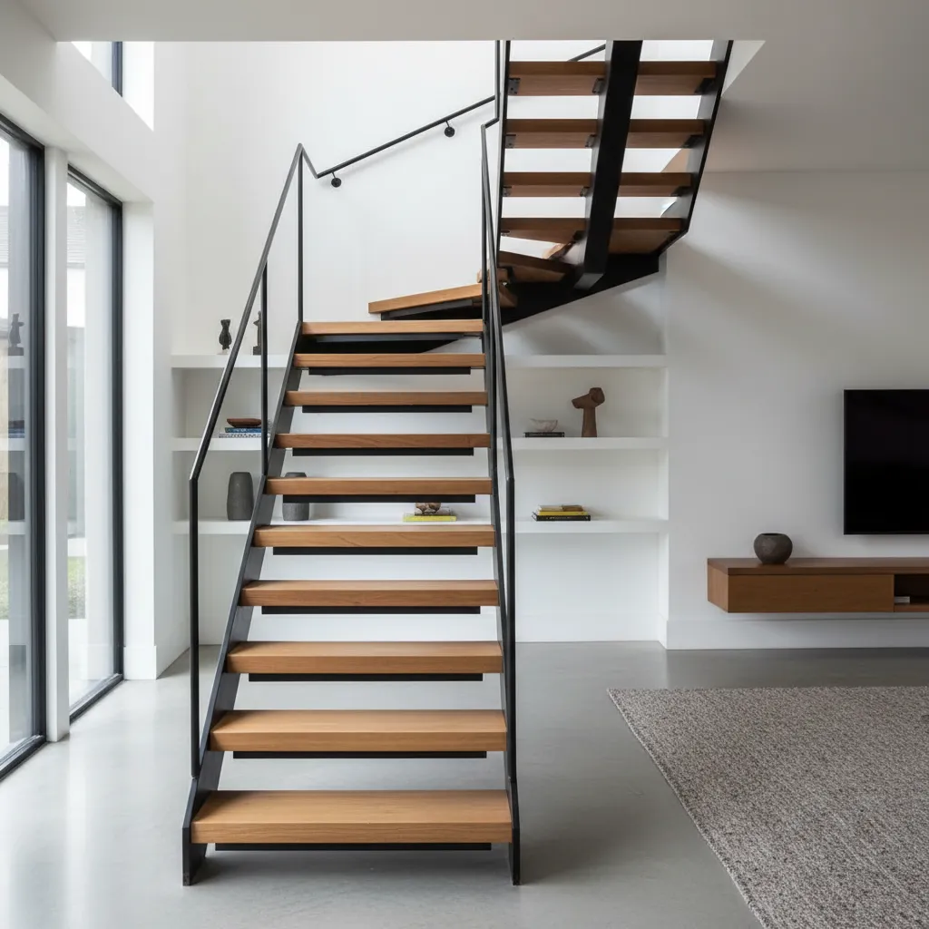 Escalera metálica con zanca central y peldaños de madera