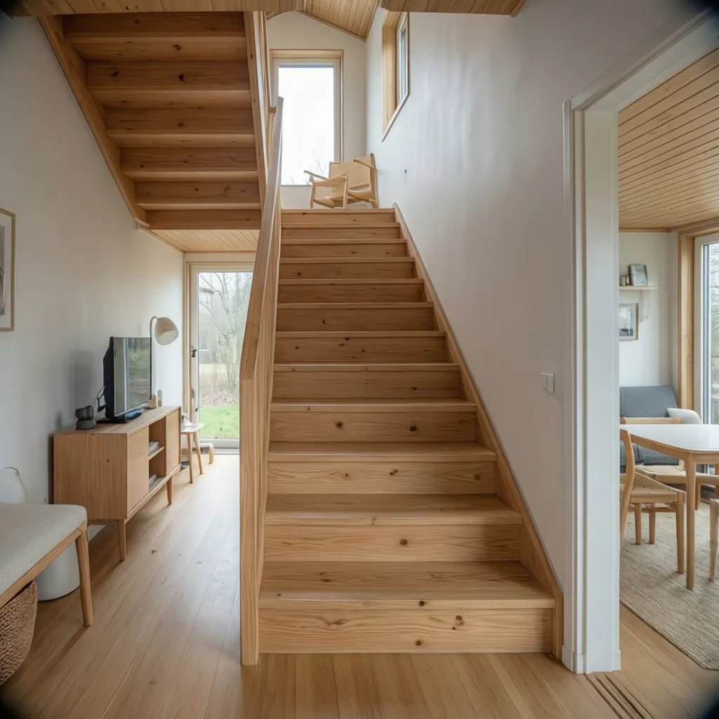 Escalera minimalista de madera clara en una casa pequeña moderna