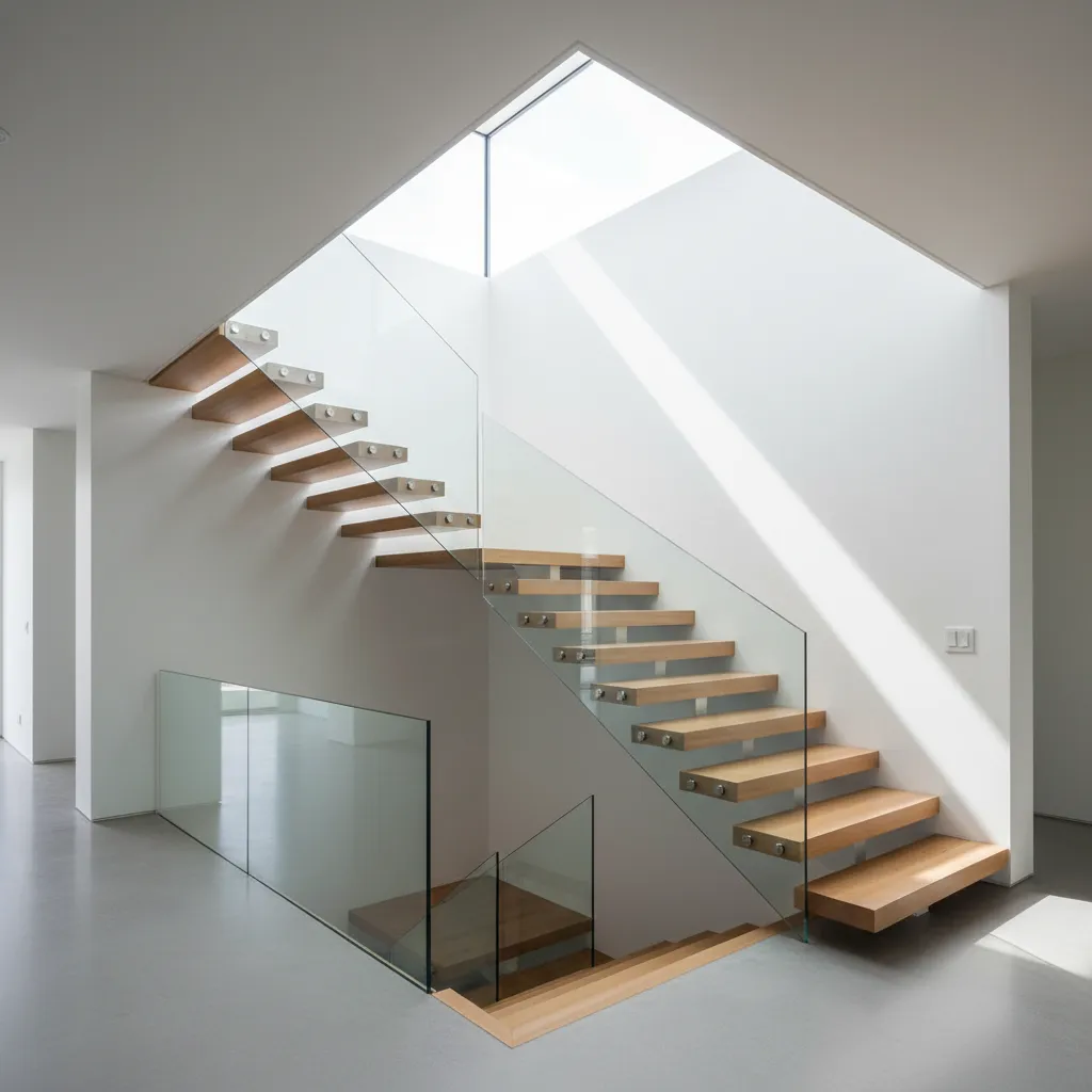 Escalera moderna abierta conectando tres niveles de una casa