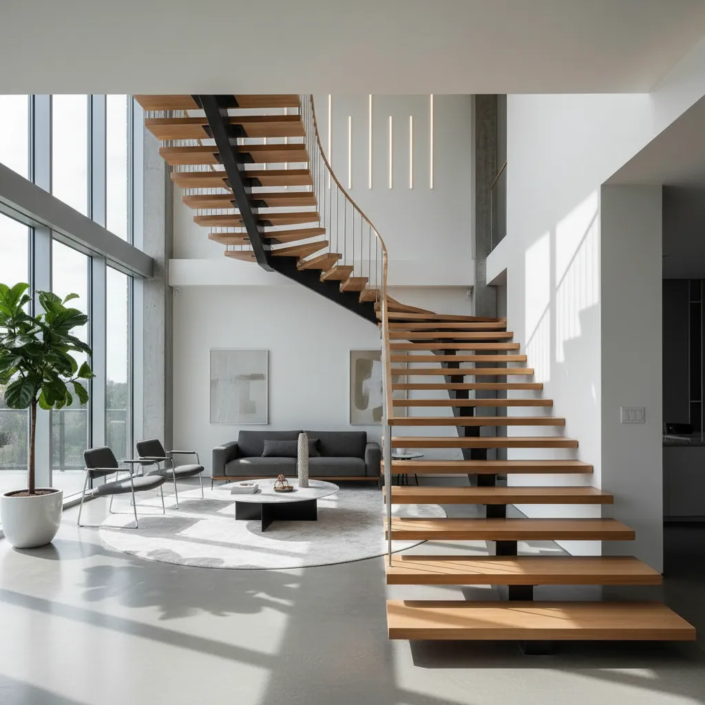 Escalera moderna conectando tres niveles en una casa contemporánea