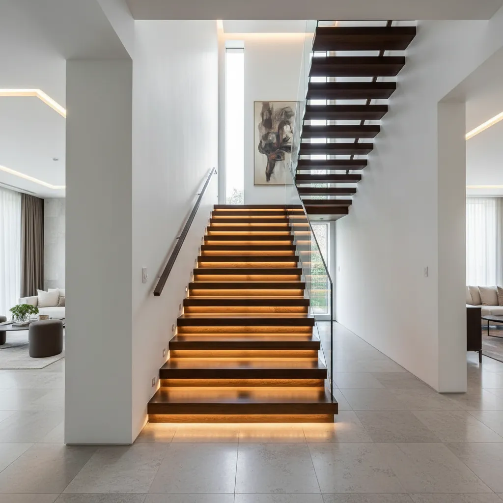Escalera moderna con iluminación LED integrada en peldaños