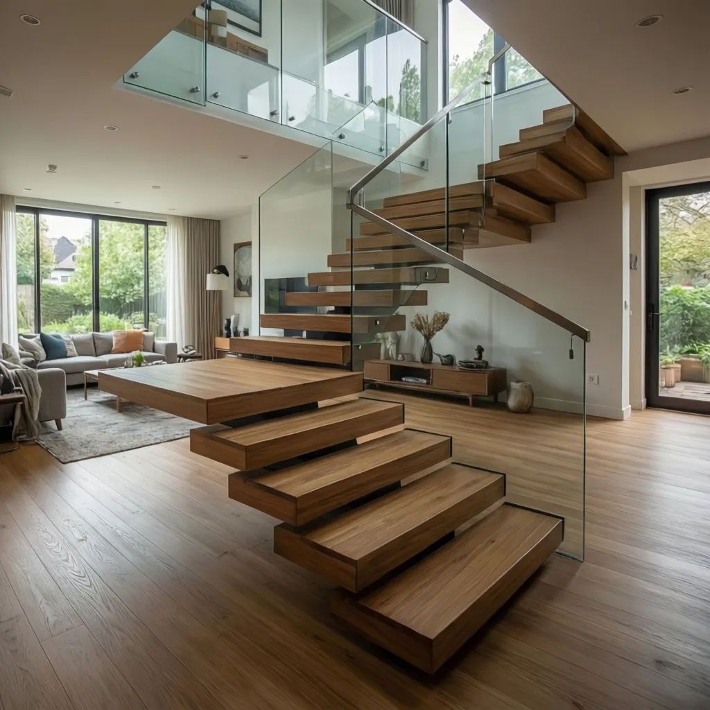 Escalera moderna integrada en el salón con diseño minimalista